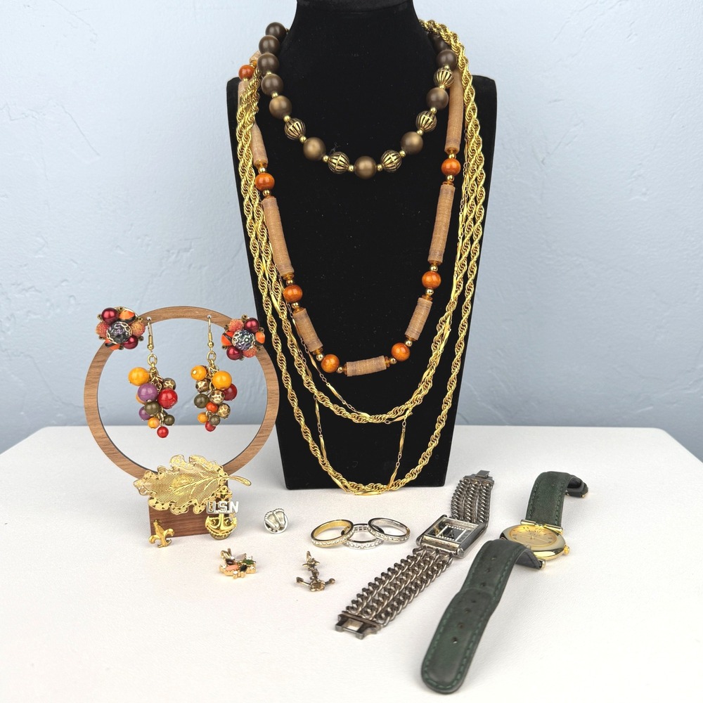 Estate Costume Jewelry Lot Necklaces Earrings Brooches USN‎ Navy Pin Watches